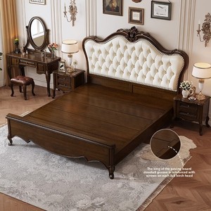 American-style Solid Mahogany Wood Vintage Country-style 1800mm Double Platform Storage Bed Upholstered Headboard Walnut-colored - Product Image 3