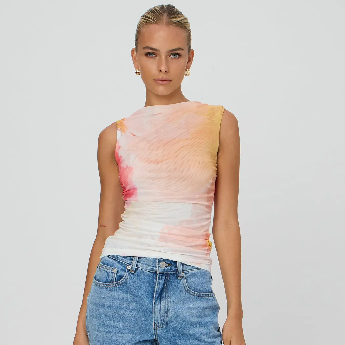 2024 Sommer Neuheit ärmellos High Street Mode Eleganz Tie Dye Damenoberteil heiß sexy Mädchen Netzoberteil