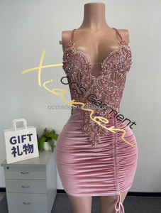 MF Haute Qualité Noir Veet Cordon Club Mini Robe Fête Longue Fine Spaghetti Strap Robes de Pierres et Cristaux - Product Image 4