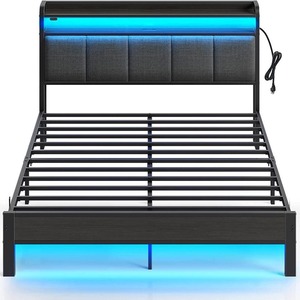 Cross-border hot-selling American industrial style steel and wood structure <b>double</b> <b>bed</b> with <b>storage</b> space and sensor light - Product Image 5