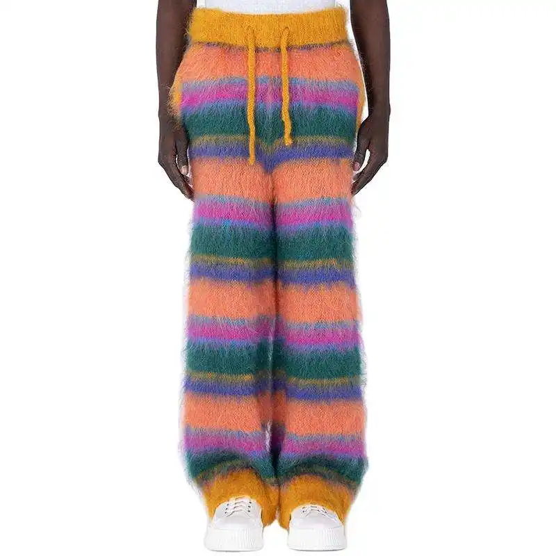 Custom OEM & ODM men mohair Knitted Trousers designer knitwear Pants Furry men winter Knit Drawstring Trousers