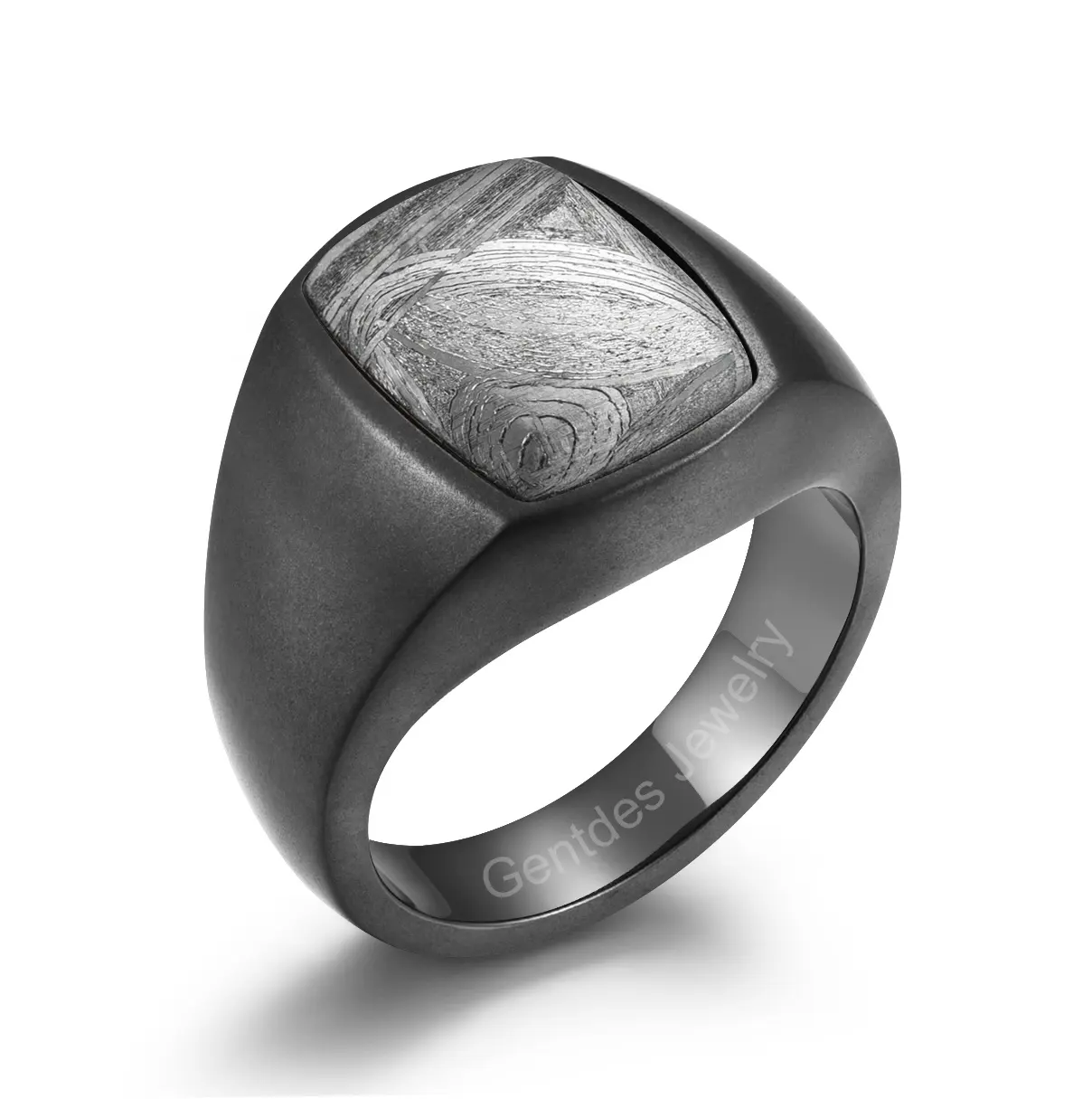 Gentdes gioielli da uomo anello con sigillo di zirconio nero con pietra di Meteorite naturale intarsio di lusso moda Meteorite gioiello anello