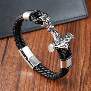 Wholesale Fashion <b>Stainless</b> <b>Steel</b> <b>Men</b> Vintage Viking Genuine Leather <b>Bracelet</b> - Product Image 3