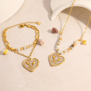 Stainless Steel Heart Necklace <b>Set</b> 18k Gold Plated <b>Beaded</b> Chain Retro Style Jewelry For Women - Product Image 3