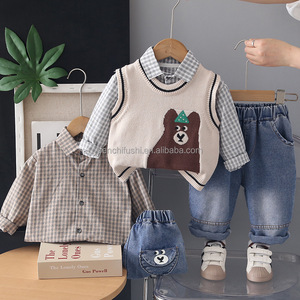 Ensemble de trois gilets en coton 100% pour bébé, motif ours de dessin animé, printemps-automne, vêtements pour garçons - Product Image 1