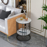 Mesa auxiliar redonda de mármol blanco de 2 niveles, mesa decorativa de café para sala de estar con estante de almacenamiento