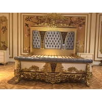 Lit de Style Empire Classique de Luxe King Size en Bois Massif, Cadre Doré à la Feuille d'Or avec Sculptures sur Bois, Lit Européen et Armoire