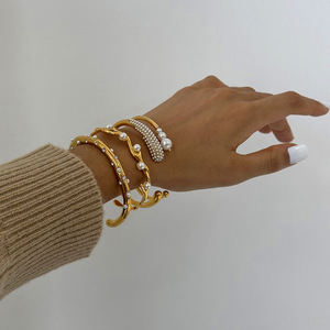 Vintage Stainless Steel 18k Gold Plated Geometric Shape Imitation Pearl Adjustable Charms Opening Cuff <b>Bangle</b> <b>Bracelets</b> Women's - Product Image 1