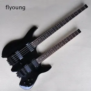 Flyoung黑色双颈4 6弦电吉他无头玫瑰木指板