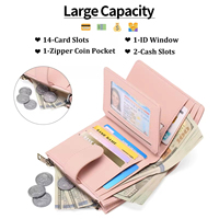 Dompet Koin Pendek Custom dengan Resleting untuk Wanita, Anti RFID, Lapisan PVC, Kulit PU, Lipat Dua, Tempat Kartu Kredit, Jendela ID