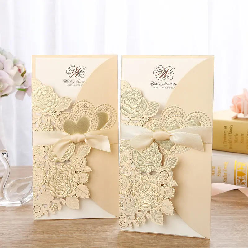 Classical Laser Cut Greeting Cards Gold Red Wedding Invitation Card with ribbon