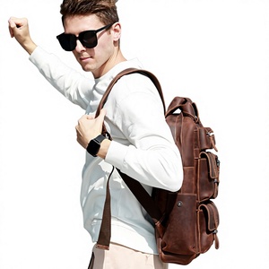 Men Genuine Leather <b>Backpack</b> Adjustable <b>Strap</b> Zipper Hasp Closure Durable Casual Daily Use 30-40L Solid Color - Product Image 2