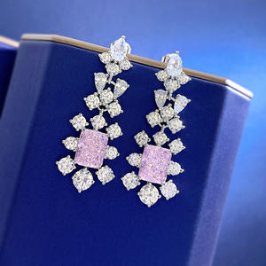 925シルバーダングルイヤリング新品7*9スクエアピンクダイヤモンドアイスフラワーカット高炭素ダイヤモンドファッション - Product Image 6