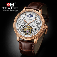 Montre mécanique de luxe pour homme TEVISE, squelette, phases du soleil et de la lune, bracelet en cuir de vache véritable, montre-bracelet automatique