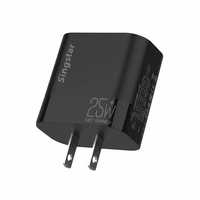 Adaptateur mural Singstar noir conforme aux réglementations européennes, 2 ports 25W PD, chargeur Type C, charge super rapide 3.0QC, chargeur USB Type-C