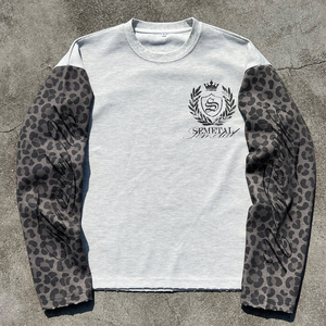T-shirt en coton vintage surdimensionné de haute qualité à manches longues, imprimé léopard, tricot gaufré respirant, streetwear thermique 300g - Product Image 1