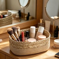 Panier de rangement ovale en paille tressée à la main, plateau organisateur en rotin et corde de coton pour la maison, la salle de bain, les cosmétiques et les articles divers