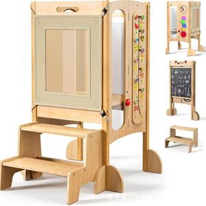 Tour d'apprentissage pliable en bois pour tout-petits, tabouret de cuisine, tour d'apprentissage pour aider à la position debout, sécurisée pour les cours en ligne, réglable avec craie - Product Image 4