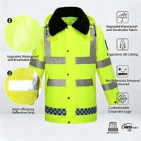 Manteau de travail d'hiver long jaune fluorescent haute visibilité avec col en fourrure amovible, bande réfléchissante à carreaux bleus, pour la sécurité routière