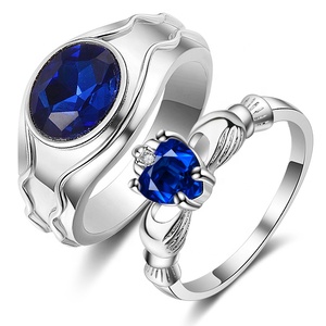 Factory Price 2PCS Couple Ring Set <strong>Irish</strong> Blue Oval Love Heart Zircon Sapphire Wedding Ring for Men Women Marriage Couple <strong>Jewelry</strong> - Product Image 6