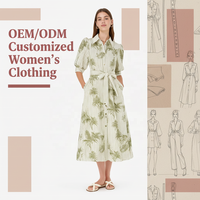 Robe midi pour femme personnalisée, vert ivoire, à rayures et imprimé botanique, col chemise, manches bouffantes, boutonnée sur le devant, taille nouée, coupe trapèze, vente en gros