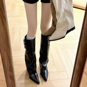 Dameslaarzen met spitse neus, hoge schacht, wedgehak, drievoudige gesp, slouchy, opvouwbaar, leer, suède, western fashion laarzen, 3 kleuren. - Product Image 1