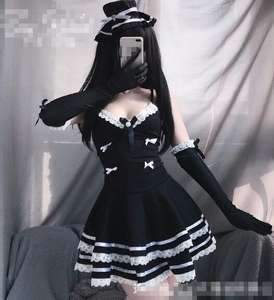 Ecowalson Lolita Sexy Maid Cosplay disfraces lindo vestido negro y Tanga <span class=keywords><strong>Anime</strong></span> Punk School Girl traje gótico para mujer <span class=keywords><strong>con</strong></span> sombrero - Product Image 1