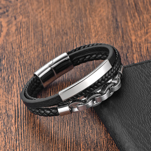 Fashionable Mens Multi-Layer Braided <b>Leather</b> <b>Bracelet</b> With Stainless Steel Chain | Genuine <b>Leather</b> Wristband With Magnetic Clasp - Product Image 3