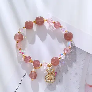 Pulseira de contas de cristal para mulheres, pingente de bolsa de dinheiro com miçangas naturais e rosa, pulseira de amoras rosa, moda de moda