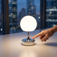 Lámpara de Mesa LED Moderna con Pantalla de Ópalo Metálico Cromado, 3 Colores, Atenuación Táctil, Inalámbrica, Recargable, para Mesita de Noche
