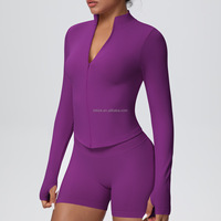 Ensemble de yoga 4 pièces sans couture pour femme, grande taille, avec veste, soutien-gorge, short de sport et leggings en tissu tricoté à manches longues