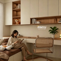 Meuble de bureau minimaliste en bois beige, unité murale de chambre à coucher, étagères ouvertes, éclairage LED, taille personnalisée, bureau Japandi, bureau minimaliste