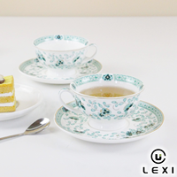 LEXI CH1188 Ensemble tasse et soucoupe en porcelaine fine vert menthe, motif vigne tombante, bordure cintrée, imprimé treillis, ligne dorée, bol large 200ml pour thé