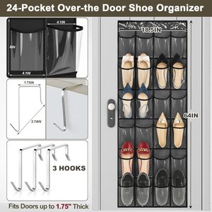 Over The Door <b>Shoe</b> Organizer 24 Pockets Crystal Clear Storage Rack For Closet With Metal <b>Hooks</b> Black Hanging <b>Shoe</b> Rack - Product Image 4