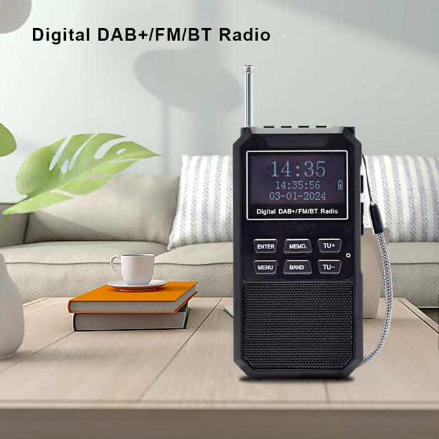 Rechargeable Portable DAB FM PLL Digital Pocket Radio with BT/FM Stereo 5 EQ Modes Earphone Jack LCD Screen 2 Alarm Clock