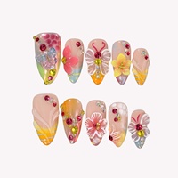 Ongles en acrylique à presser, forme amande, avec motifs 3D fleurs et papillons, strass colorés, motifs personnalisables pour usage quotidien et fêtes