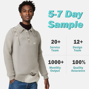 Suéter de punto rasgado elegante Vintage ODM y OEM personalizado para hombre, suéter informal clásico con flecos antiguos y cuello POLO, ropa de calle - Product Image 2