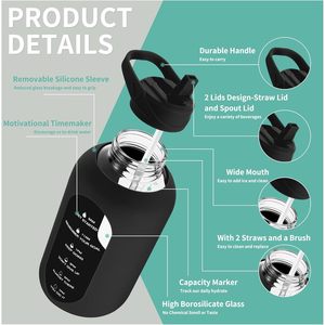 Premium 64 oz sport motivazionale vetro bottiglia di acqua brocca con manico in paglia mezzo gallone largo Marker di tempo Premium bicchieri di vetro - Product Image 6