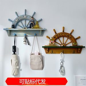 Mediterranean Style Wooden Ship Wheel Wall <b>Shelf</b> <b>With</b> <b>Hooks</b> For Home Decor Living Room Bedroom Entryway - Product Image 5