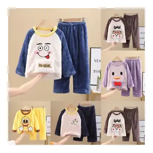 Conjunto de ropa de dormir para niños de franela de algodón de manga larga cárdigan suelto conjuntos de dos piezas pijamas para niños
