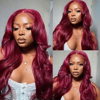 Perruque à dentelle frontale 180% de densité HD transparente, rouge bordeaux 99J, cheveux vierges Remy brésiliens longs pour femmes noires