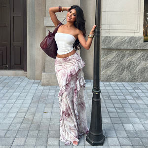 Jupe longue en tulle imprimé romantique et respirante - Ourlet asymétrique à volants avec taille naturelle et couche transparente - Product Image 4