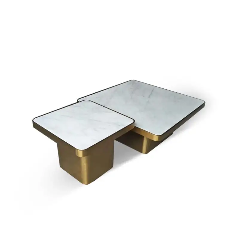 Muebles de sala de estar Juego de mesa de centro de mármol moderno Acero inoxidable Metal cuadrado Estilo de Hong Kong Lujo posmoderno Simple