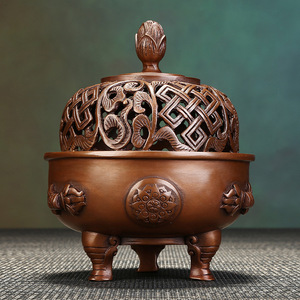 Brûleur d'encens en cuivre violet, lotus porte-bonheur, fait main, pour cérémonie religieuse, cadeau, spécification 89, trois pieds - Product Image 1
