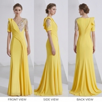 Robe de soirée jaune vif pour femme, élégante, avec sequins et cristaux, col en V asymétrique, drapée et plissée, pour invitée de mariage, personnalisable OEM/ODM