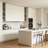 Armoires de cuisine modernes en bois personnalisées HNSJ, construction en contreplaqué écologique, panneau en mélamine crème mat, multifonctionnel