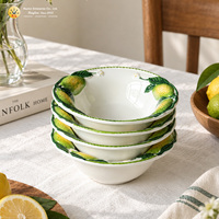 Bol à salade en céramique de porcelaine de 6 pouces, motif citron 3D, style méditerranéen, peint à la main, en relief, qualité alimentaire, empilable