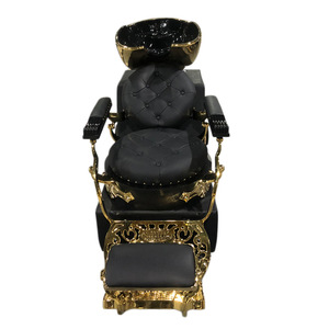 Sillón de Barbería Estilo Antiguo Negro y Dorado, Reclinable, de Cuero y Metal, para Salón de Belleza, Retro, para Lavado de Cabello - Product Image 6