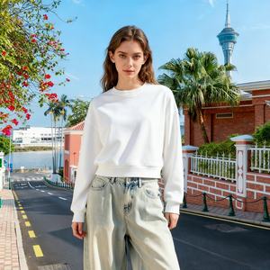 TKAN503D Sweat-shirt pour femme, poids lourd, 360 g, col rond, coupe courte, couleur unie, tendance, nouvelle conception, épaules tombantes, mode - Product Image 1