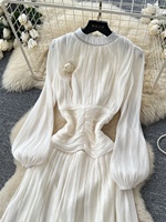 Robe trapèze à fleurs 3D estampées à chaud, col montant, manches bouffantes, taille cintrée, pour femme